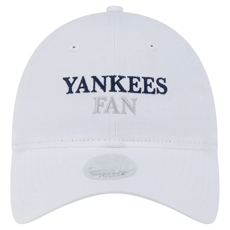 Casquette ajustable New Era blanche pour femme, fan de l'équipe des Yankees de New York, modèle 9TWENTY