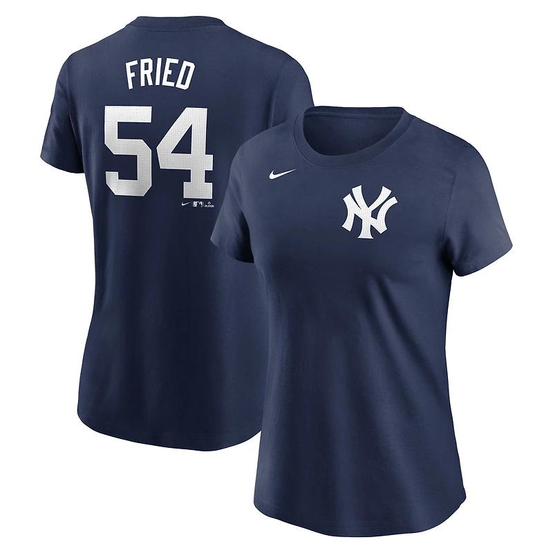 T-shirt Nike Max Fried bleu marine New York Yankees Cooperstown Collection Fuse avec nom et numéro pour femme