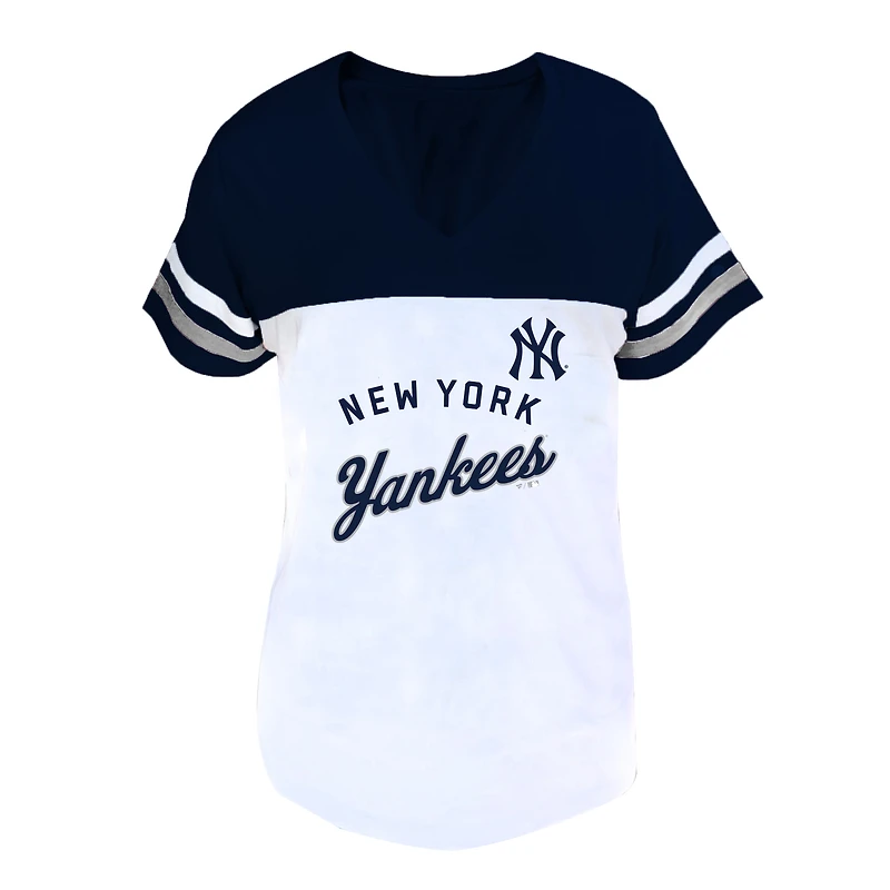 Profil femme T-shirt à col en V blanc/marine New York Yankees grande taille deux rayures