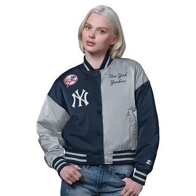 Veste universitaire Starter pour femme, bleu marine/gris, New York Yankees, coupe courte, fermeture à boutons-pression.