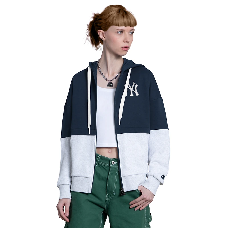 Sweat à capuche zippé Starter pour femme, bleu marine/gris chiné, New York Yankees Wishbone