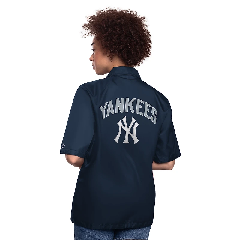Women's Starter Navy New York Yankees High Post Short Sleeve Full-Snap Coaches Jacket