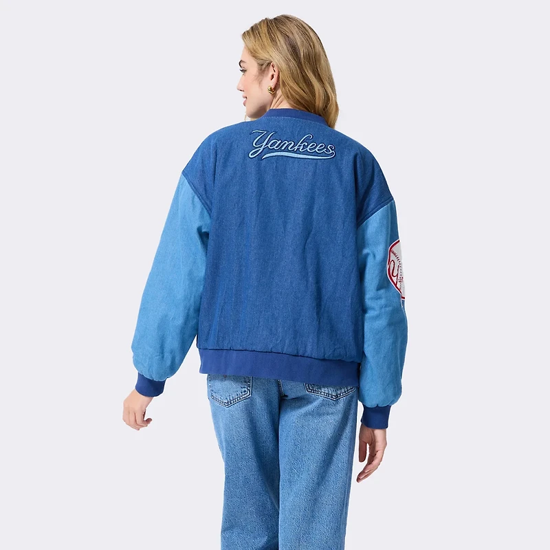 Veste bomber en denim bleu à blocs Terez pour femme, New York Yankees