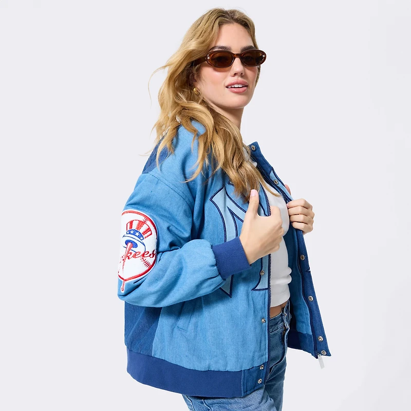 Women's Terez Blue New York Yankees Denim Blocked Bomber Jacket