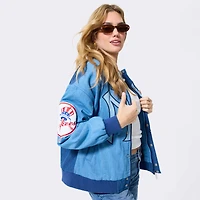 Women's Terez Blue New York Yankees Denim Blocked Bomber Jacket