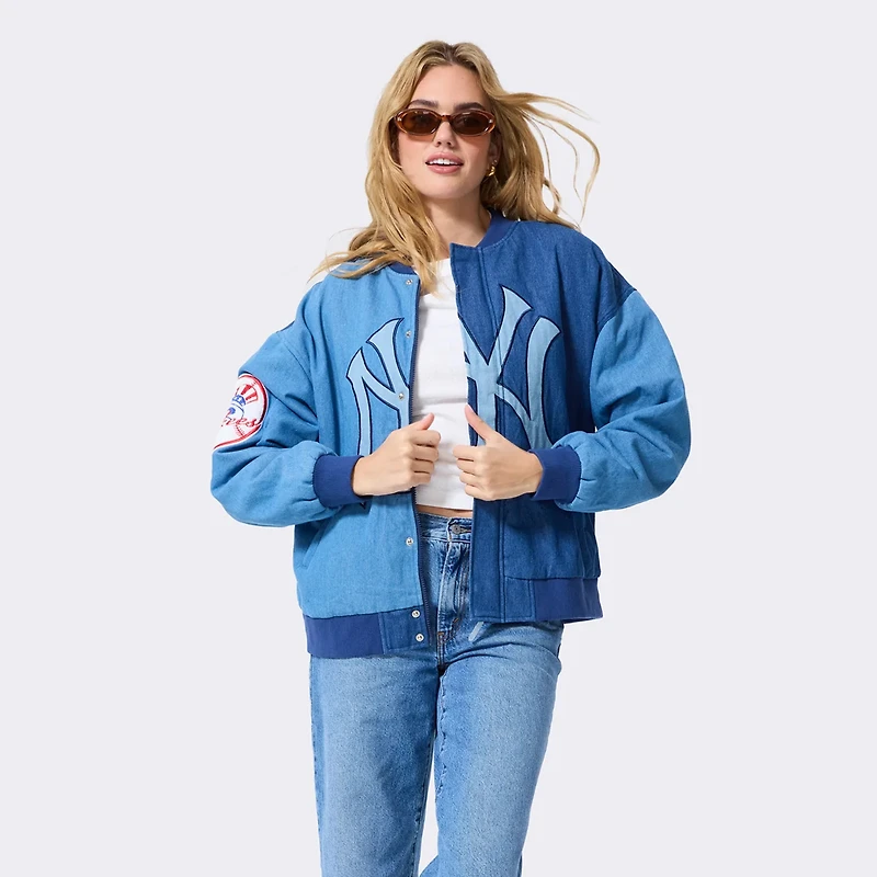 Veste bomber en denim bleu à blocs Terez pour femme, New York Yankees