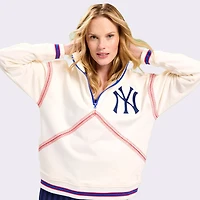 Women's Terez Cream New York Yankees Baseball Stitch Quarter-Zip Pullover