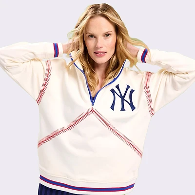 Women's Terez Cream New York Yankees Baseball Stitch Quarter-Zip Pullover
