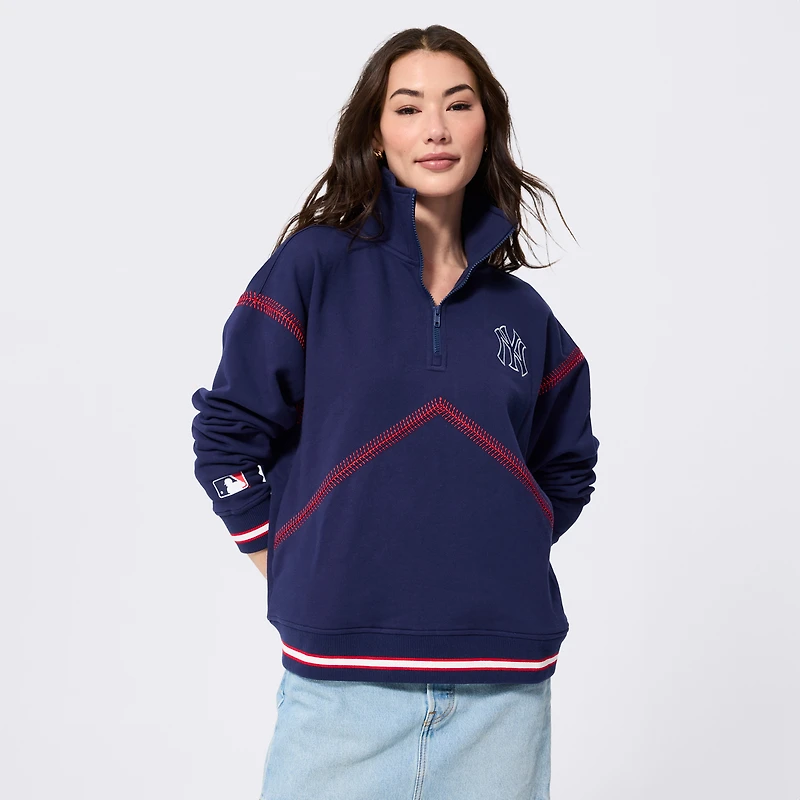Pull à col zippé Terez bleu marine pour femme, motif baseball des Yankees de New York.