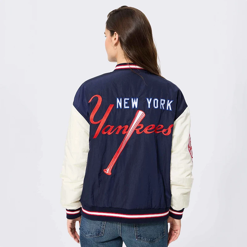 Veste bomber Terez bleu marine pour femme, modèle Rival des Yankees de New York, à boutons-pression.