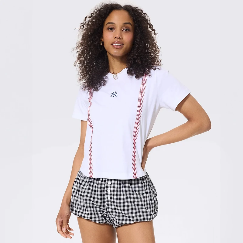 Women's Terez White New York Yankees Baseball Stitch Baby T-Shirt