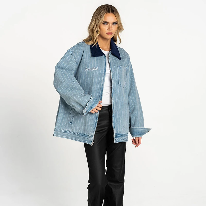 Veste de mécanicienne zippée en denim The Wild Collective pour femme, modèle New York Yankees