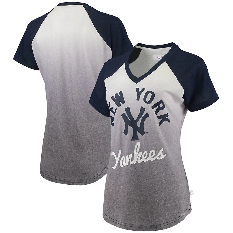 T-shirt à col en V raglan dégradé bleu marine/blanc pour femme, New York Yankees, arrêt-court