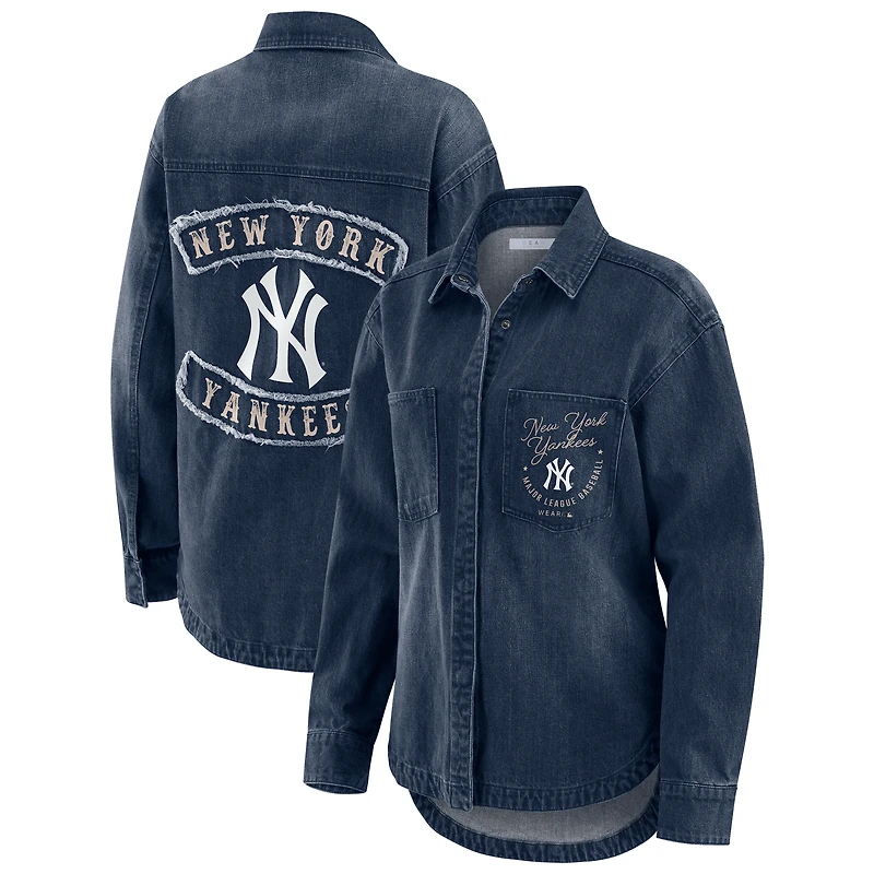 Women's WEAR by Erin Andrews Denim New York Yankees Washed Oversized Full-Snap Shacket