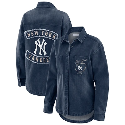 Women's WEAR by Erin Andrews  Denim New York Yankees Washed Oversized Full-Snap Shacket