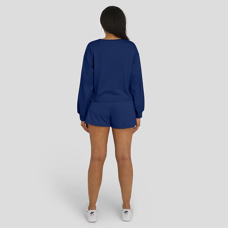 Ensemble de détente WEAR by Erin Andrews pour femme : maillot rugby épais bleu marine des Yankees New York, t-shirt à manches longues court et short.