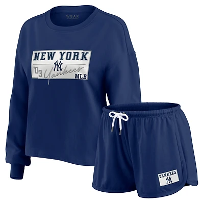 Women's WEAR by Erin Andrews Navy New York Yankees Heavy Rugby Jersey Cropped Long Sleeve T-Shirt & Shorts Lounge Set
