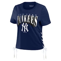 Women's WEAR by Erin Andrews Navy New York Yankees Side Lace-Up Cropped T-Shirt