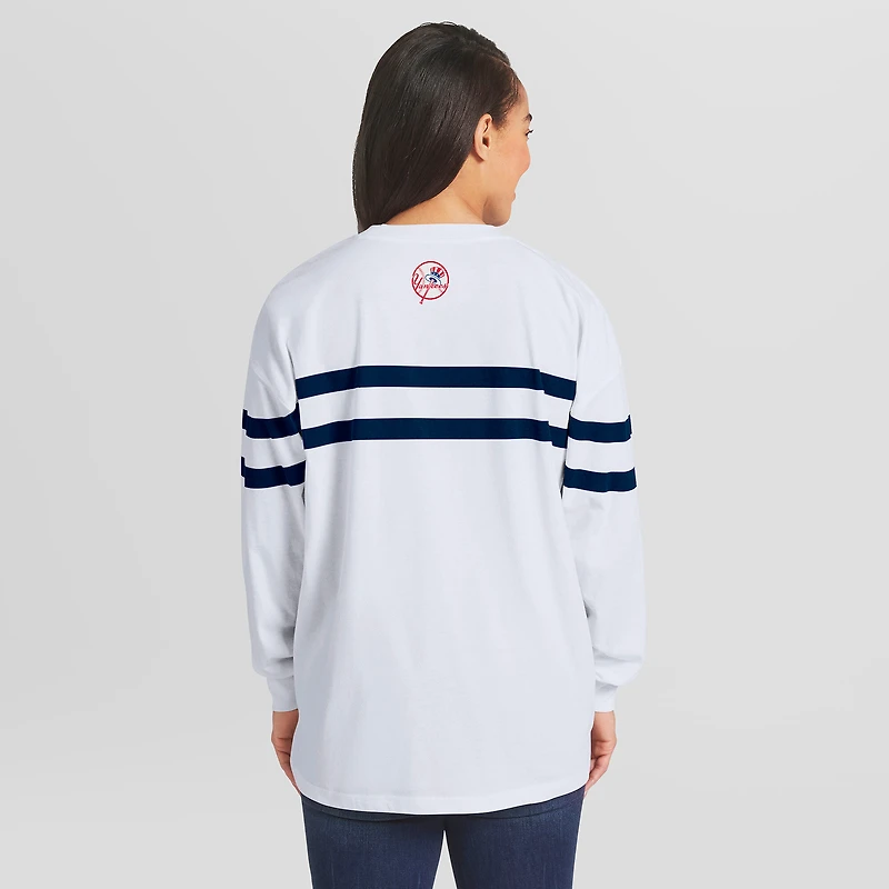 Women's WEAR by Erin Andrews White New York Yankees Oversized Long Sleeve Striped T-Shirt