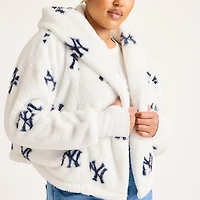 Women's  White New York Yankees All Over Print Logo Cropped Lounger Lite Sherpa Jacket