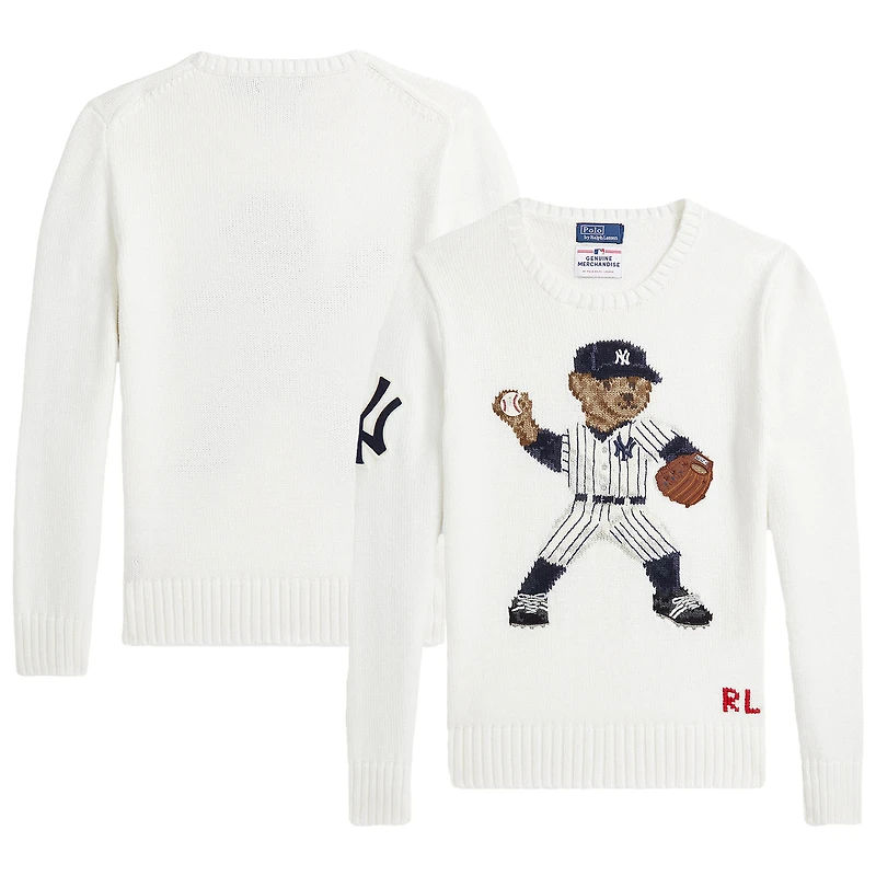 Pull-over blanc Polo Ralph Lauren pour jeunes avec ours des Yankees