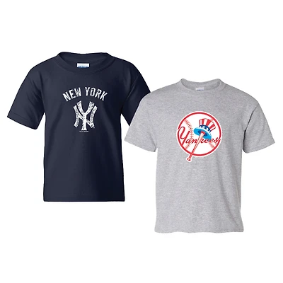 Lot de 2 t-shirts New York Yankees Cooperstown pour enfants, couleur marine/gris chiné, Soft as a Grape