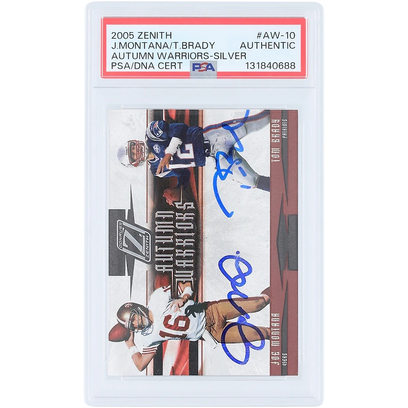 Carte authentifiée PSA 2005 Donruss Zenith Autumn Warriors #AW-10, signée par Joe Montana et Tom Brady