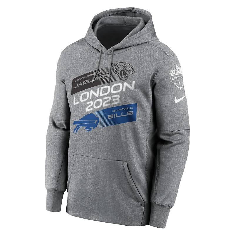 Men's Nike Heather Charcoal Jacksonville Jaguars vs. Buffalo Bills 2023 London Game Pullover Hoodie