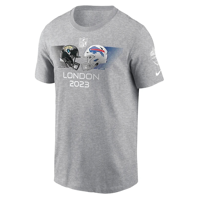 Men's Nike Heather Charcoal Jacksonville Jaguars vs. Buffalo Bills 2023 London Game T-Shirt