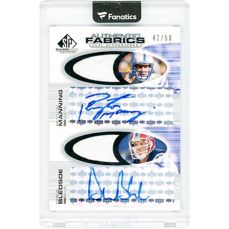 Peyton Manning & Drew Bledsoe Autographed 2004 Upper Deck SP Dual Game-Used Relics #AAF2-PD #42/50 Card