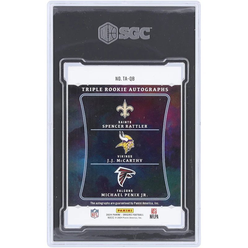 Spencer Rattler, Michael Penix Jr. & J.J. McCarthy Autographed 2024 Panini Origins Triple Rookie #TA-QB #3/10 SGC Authenticated 8.5/10 Rookie Card