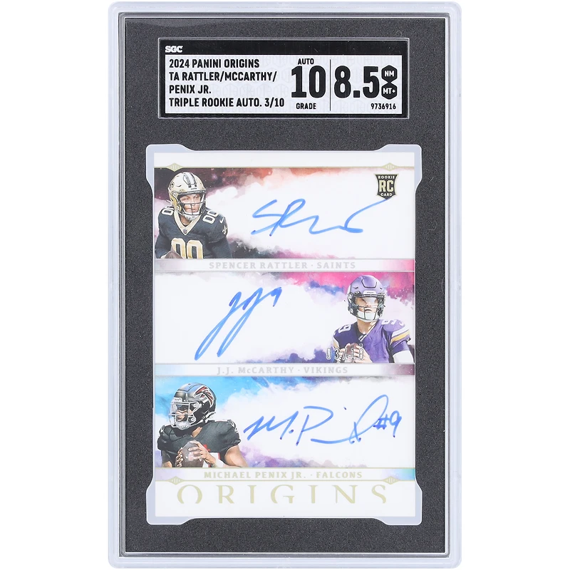 Spencer Rattler, Michael Penix Jr. et J.J. McCarthy ont autographié la carte triple recrue Panini Origins 2024 #TA-QB #3/10 SGC authentifiée 8,5/10