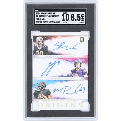 Spencer Rattler, Michael Penix Jr. et J.J. McCarthy ont autographié la carte triple recrue Panini Origins 2024 #TA-QB #3/10 SGC authentifiée 8,5/10