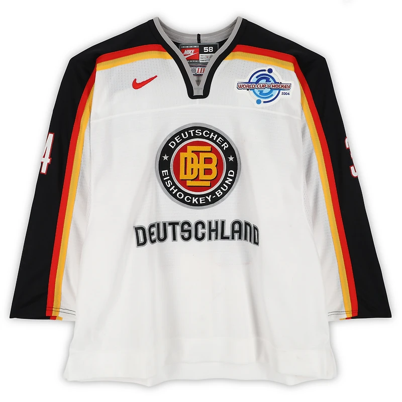 Eduard Lewandowski Team Germany Game-Used #34 White Nike Jersey vs. Team Czech Republic on September 3 during the 2004 World Cup of Hockey
