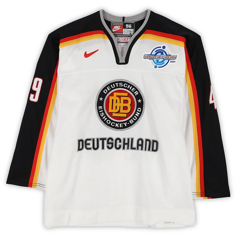 Klaus Kathan Team Germany Game-Used #49 White Nike Jersey vs. Team Czech Republic on September 3 during the 2004 World Cup of Hockey