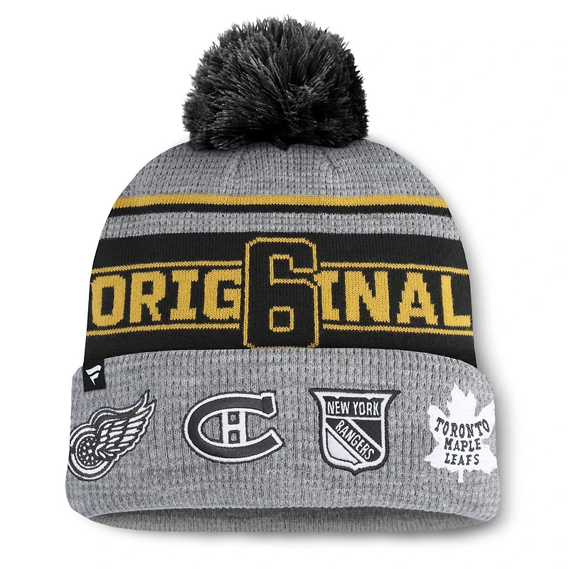 Bonnet en tricot à revers avec pompon et logo de la LNH Fanatics pour homme, gris chiné