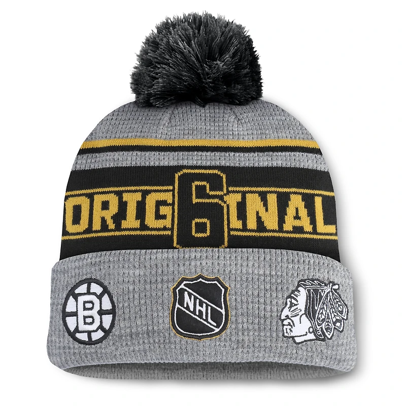 Bonnet en tricot à revers avec pompon et logo de la LNH Fanatics pour homme, gris chiné