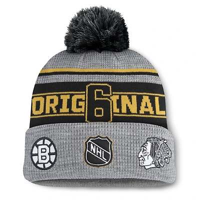Bonnet en tricot à revers avec pompon et logo de la LNH Fanatics pour homme, gris chiné