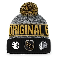 Bonnet en tricot à revers avec logo NHL Original 6 Script Fanatics gris chiné pour hommes avec pompon