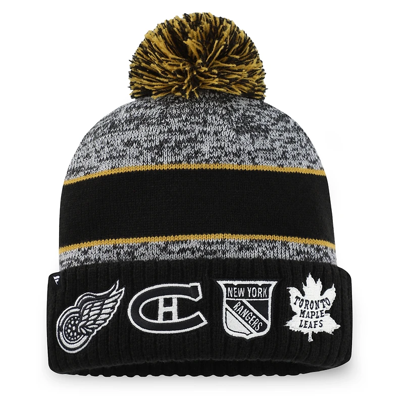 Bonnet en tricot à revers avec logo NHL Original 6 Script Fanatics gris chiné pour hommes avec pompon