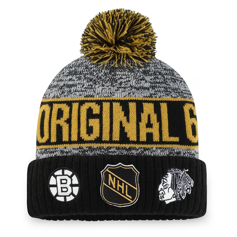 Bonnet en tricot à revers avec logo NHL Original 6 Script Fanatics gris chiné pour hommes avec pompon