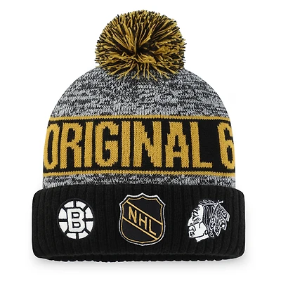 Bonnet en tricot à revers avec logo NHL Original 6 Script Fanatics gris chiné pour hommes avec pompon