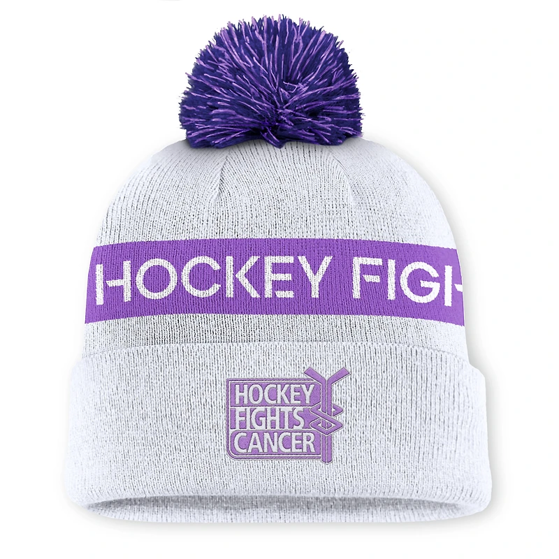 Men's Fanatics White NHL-Logo Hockey Fights Cancer Cuffed Knit Hat with Pom