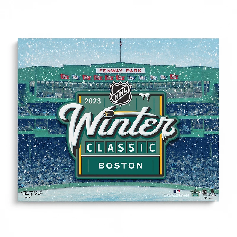 Impression giclée sur toile tendue 20" x 24" des Penguins de Pittsburgh contre les Bruins de Boston, Classique d'hiver de la LNH 2023 - Conçue et signée par l'artiste Brian Konnick - Édition limitée à 23 exemplaires