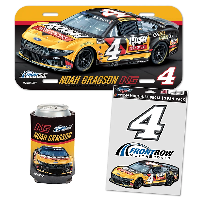 Pack WinCraft Noah Gragson Rush Truck Centers pour les fans, comprenant plaque d'immatriculation, autocollants et refroidisseur de canette.