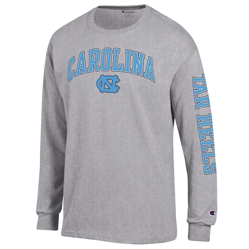 T-shirt à manches longues Champion Heather Gray pour homme, logo Arch Over, North Carolina Tar Heels, 2-Hit