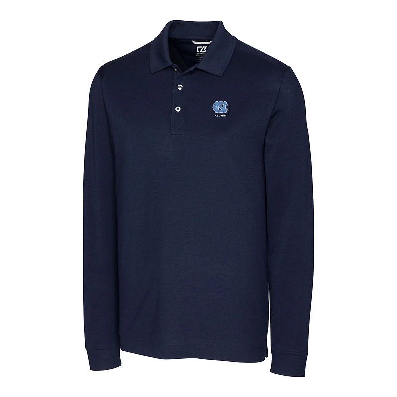 Polo piqué à manches longues DryTec bleu marine pour homme, Cutter & Buck, avec logo des anciens Tar Heels de Caroline du Nord.