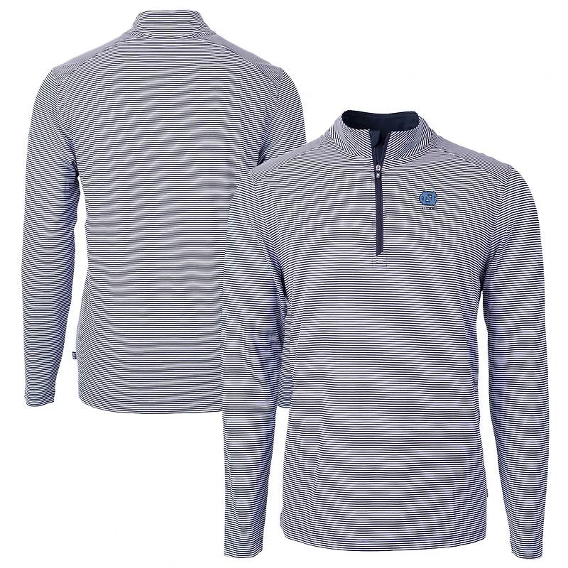 Men's Cutter & Buck Navy North Carolina Tar Heels Alumni Logo DryTec Virtue Eco Pique Micro Stripe Recycled Quarter-Zip Pullover Top