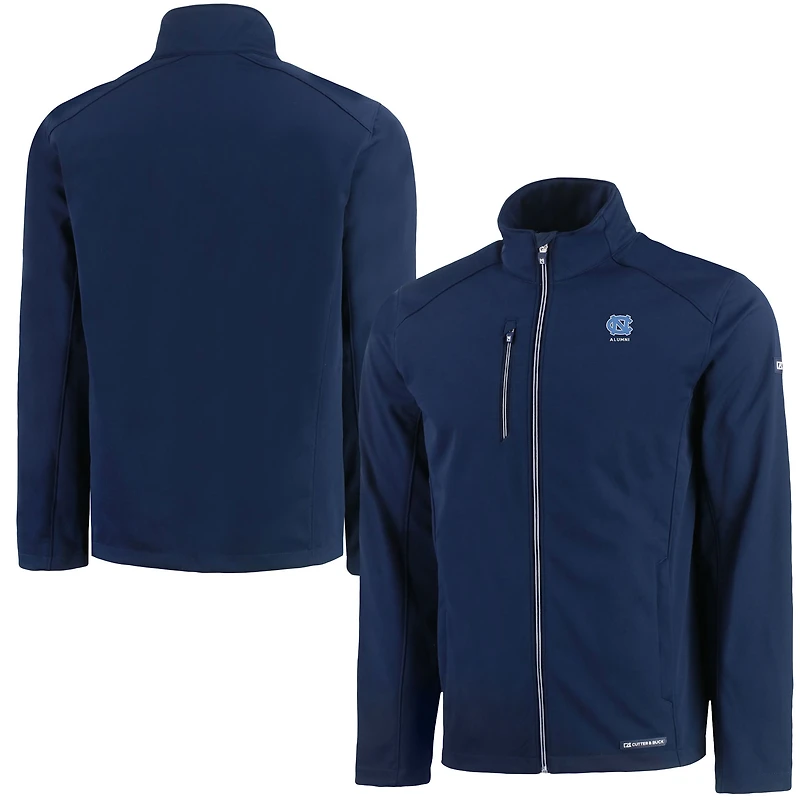 Veste zippée intégrale recyclée en softshell Evoke Eco pour homme, bleu marine, avec logo des anciens élèves Tar Heels de Caroline du Nord.