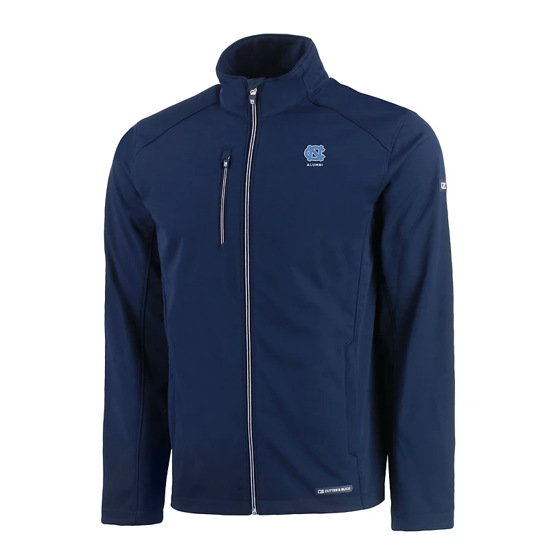 Veste zippée intégrale recyclée en softshell Evoke Eco pour homme, bleu marine, avec logo des anciens élèves Tar Heels de Caroline du Nord.